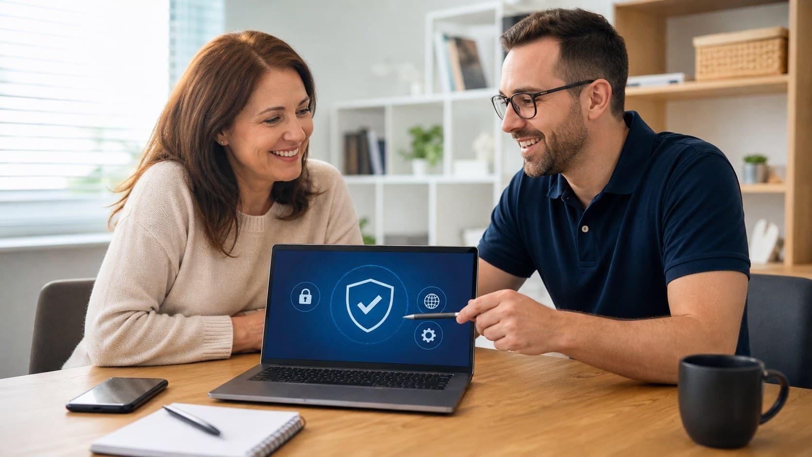 Happy customer and technician calmly reviewing computer security on a laptop