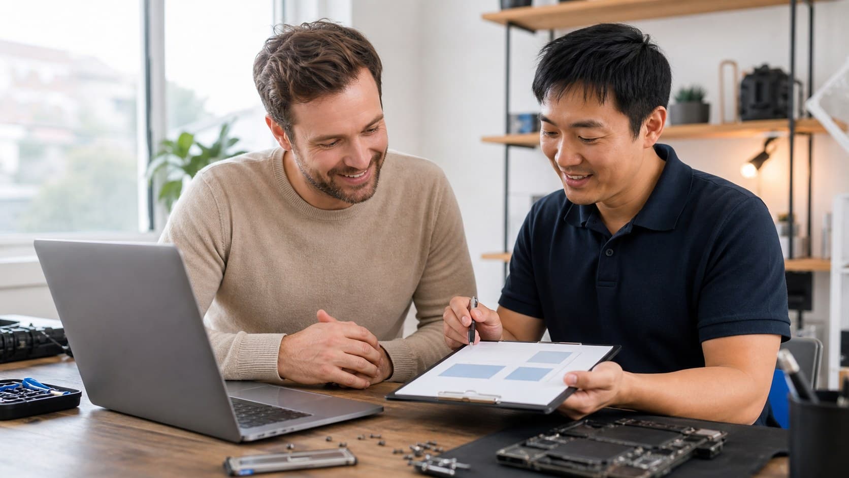 Happy customer and technician discussing laptop repair options at a clean repair desk