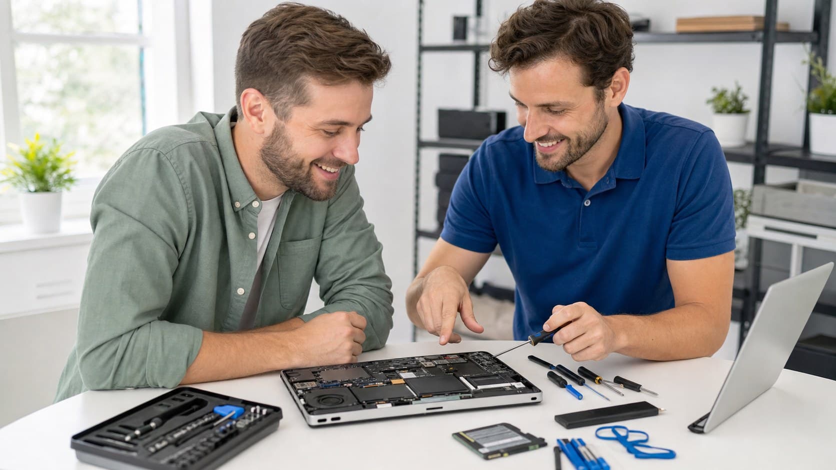 Technician reviewing a laptop repair on a workbench with diagnostic tools