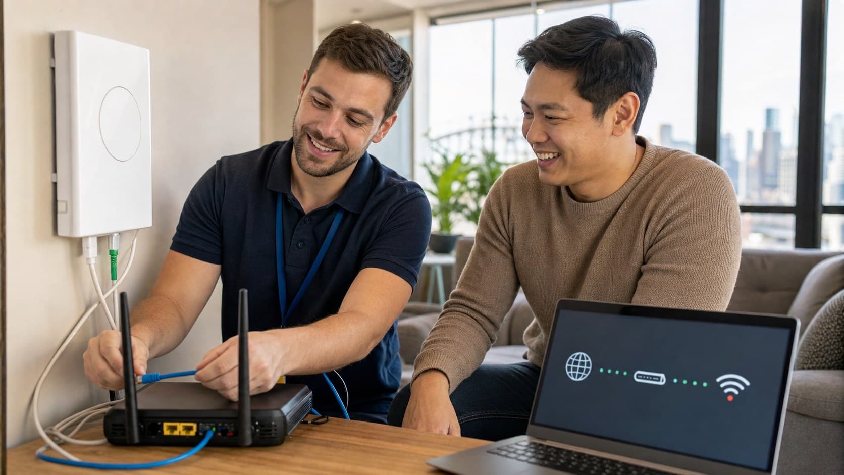 Happy householder and technician checking modem, router, and internet cabling in a Sydney apartment