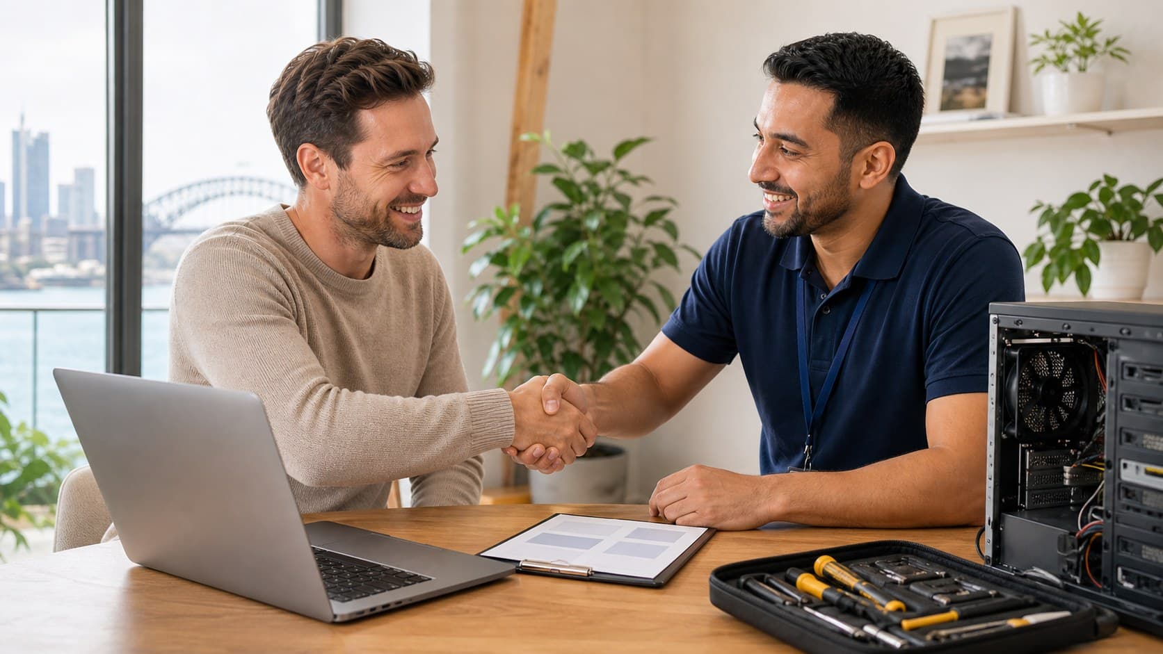 Technician explaining a No Fix No Fee support outcome to a customer