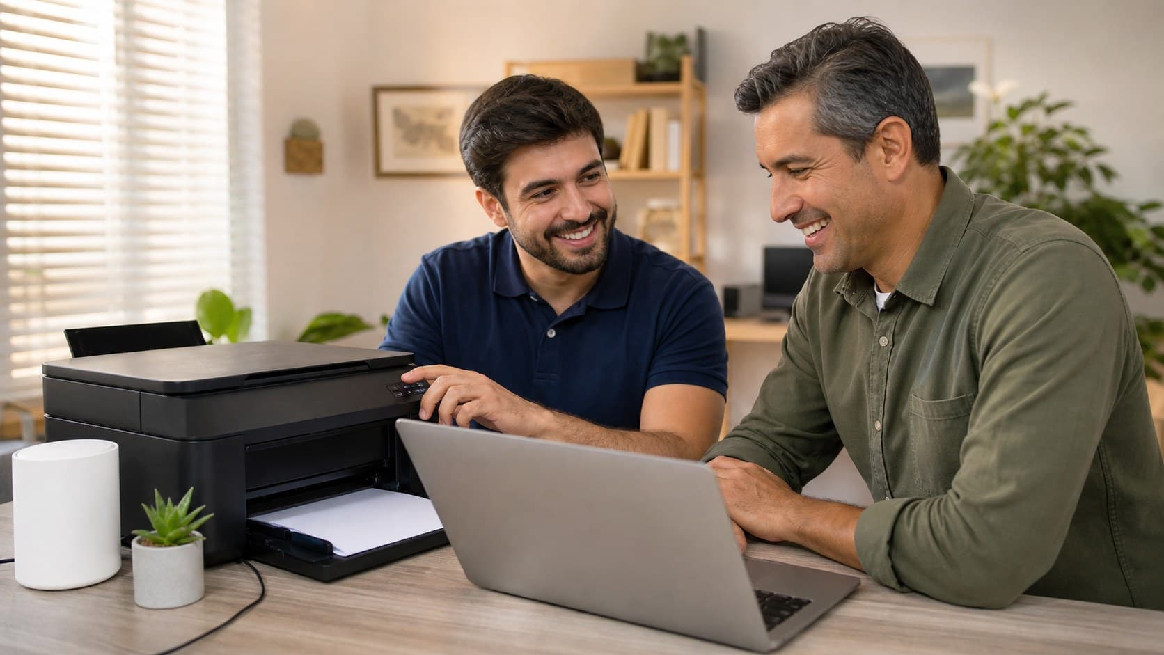 Happy customer and technician fixing a wireless printer setup in a bright home office