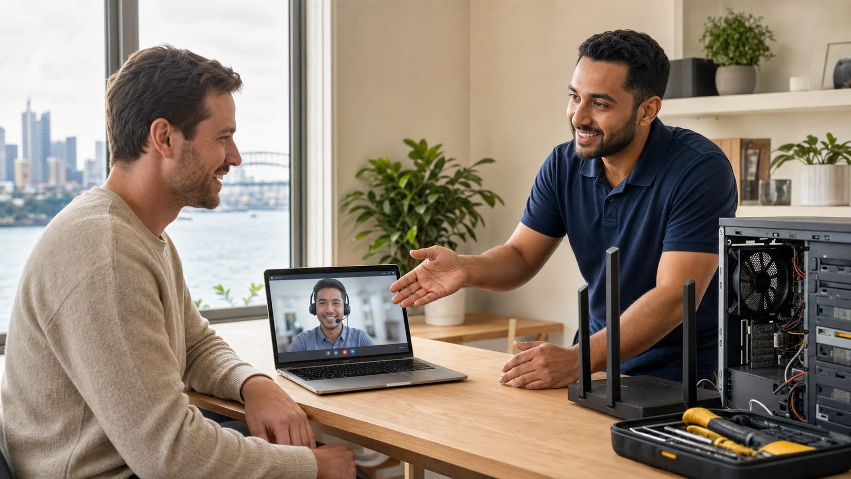 Technician comparing remote and onsite IT support options with a customer in a Sydney home office