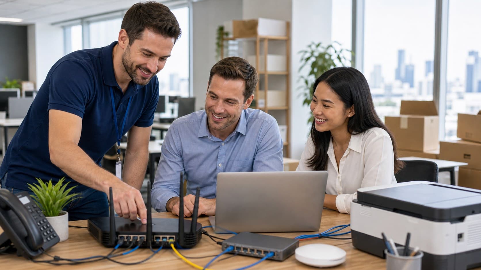 Small business team reviewing IT setup with a technician